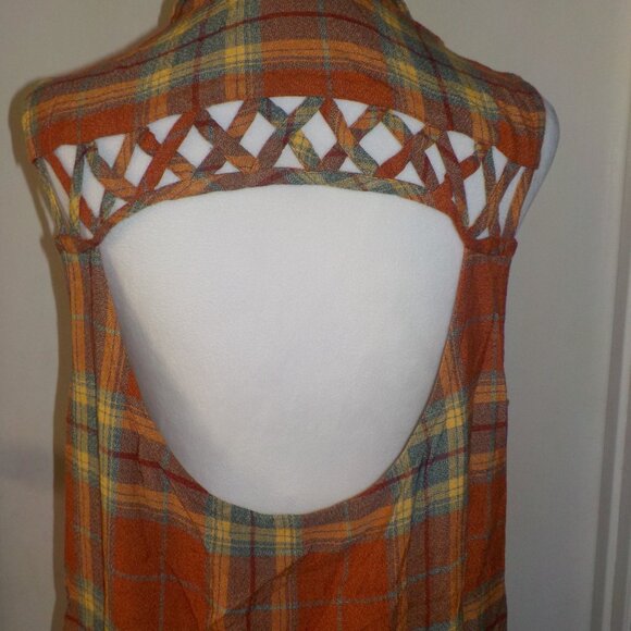 GIMMICKS SIZE X-LARGE RUST ORANGE BUTTON DOWN SLEEVELESS FRINGE SHIRT - Picture 10 of 10